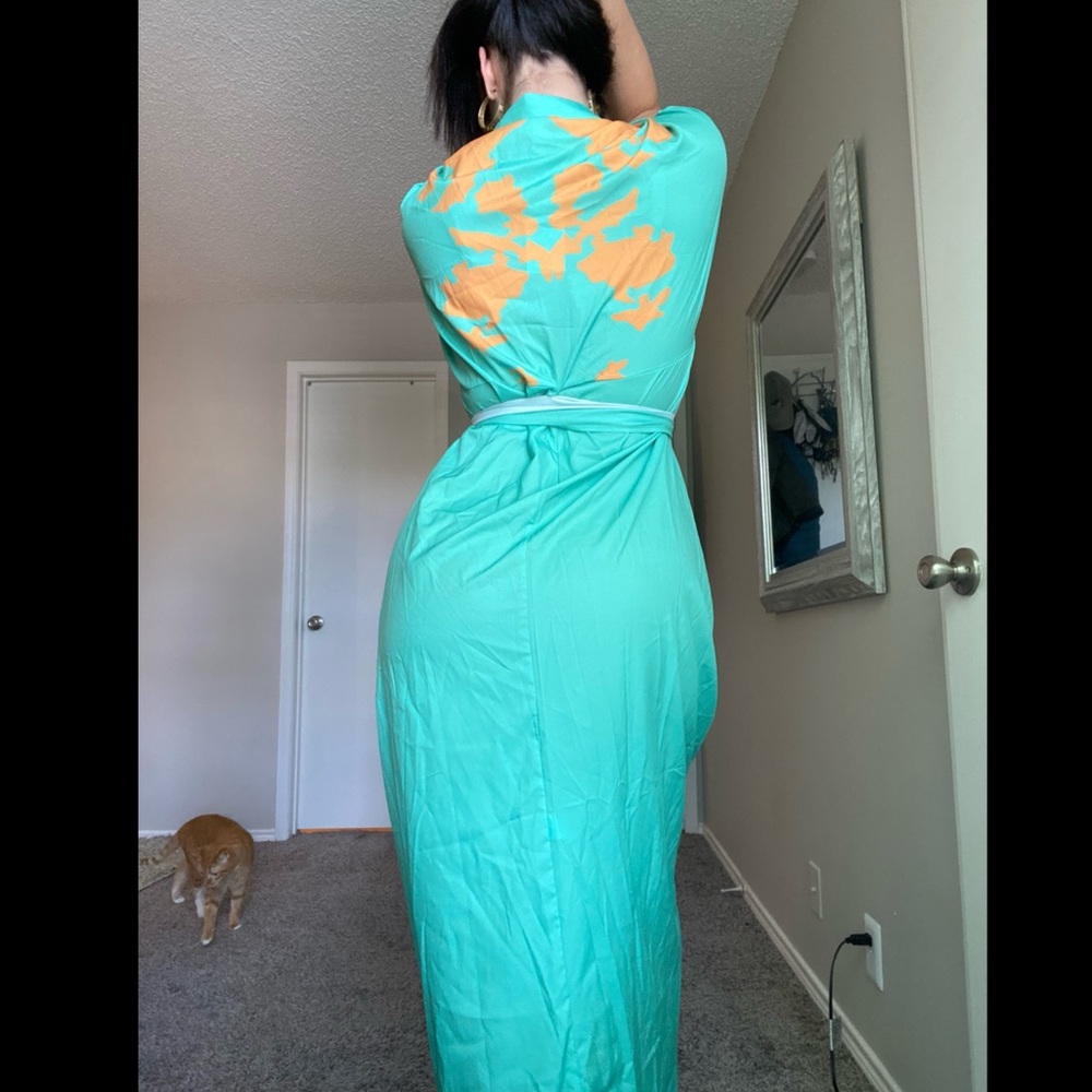 Mint contemporary maxi dress with orange accents. - Picture 5 of 16